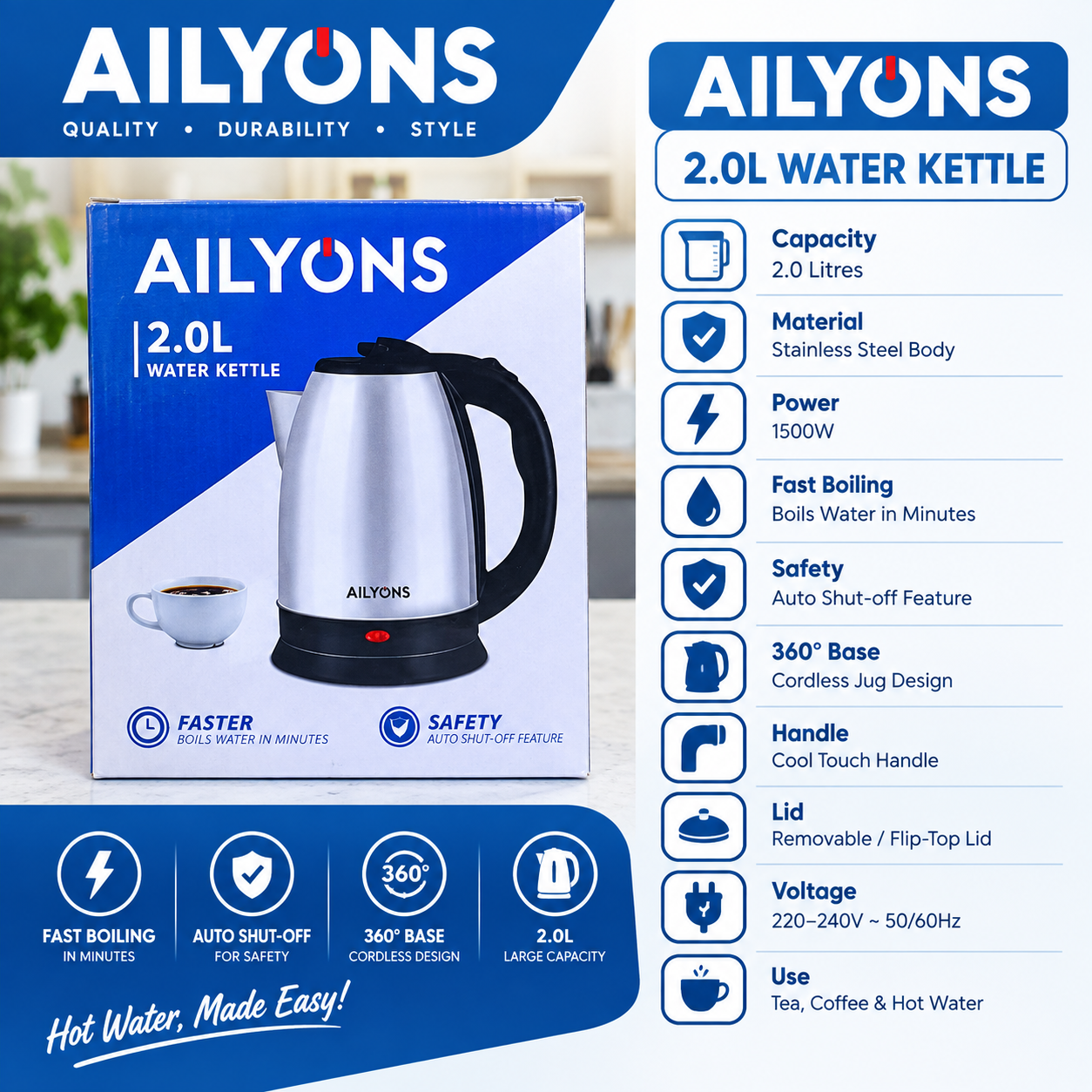 Ailyons 2.0L Electric Kettle